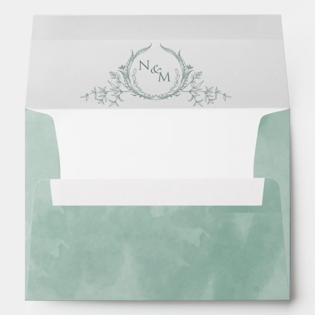 Elegant Pale Green Watercolor Monogram Wedding  Envelope (Back (Bottom))