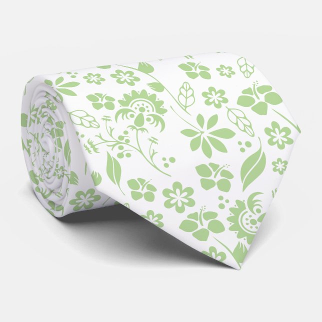Elegant Pale Lime Green and White Tropical Flowers Tie (Rolled)