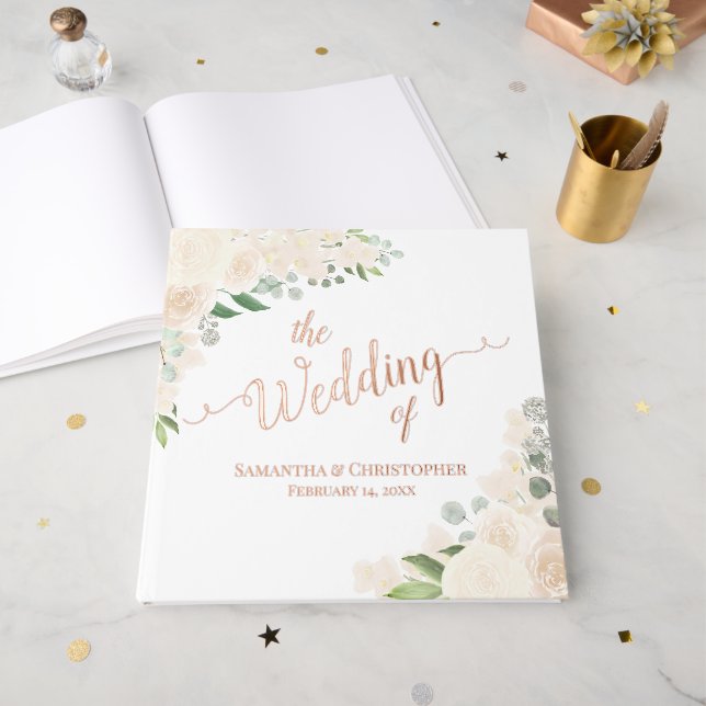 Elegant Pale Peach Boho Floral Foil Wedding Guest Book (Front Open)