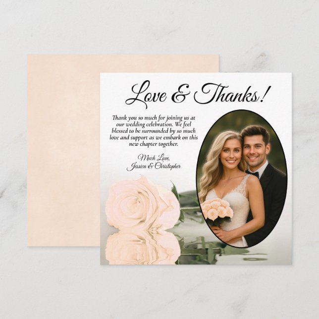 Elegant Pale Peach Rose with Oval Photo Wedding Thank You Card (Front/Back)