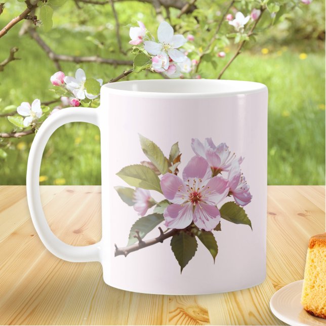 Elegant Pale Pink Apple Blossom Personalized Name Coffee Mug (A pale pink mug with apple blossom design on one side, monogram initial and name on the other)