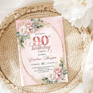 Elegant Pale Pink Gold Eucalyptus 90th Birthday  Invitation