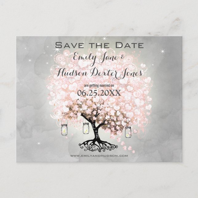 Elegant Pale Pink Heart Leaf Tree Wedding Announcement Postcard (Front)