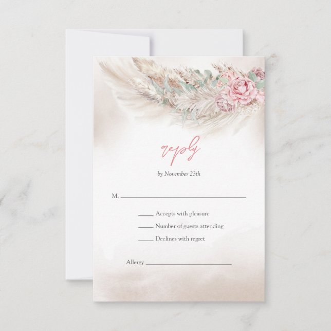 Elegant pale pink roses pampas and sage green RSVP Card (Front)