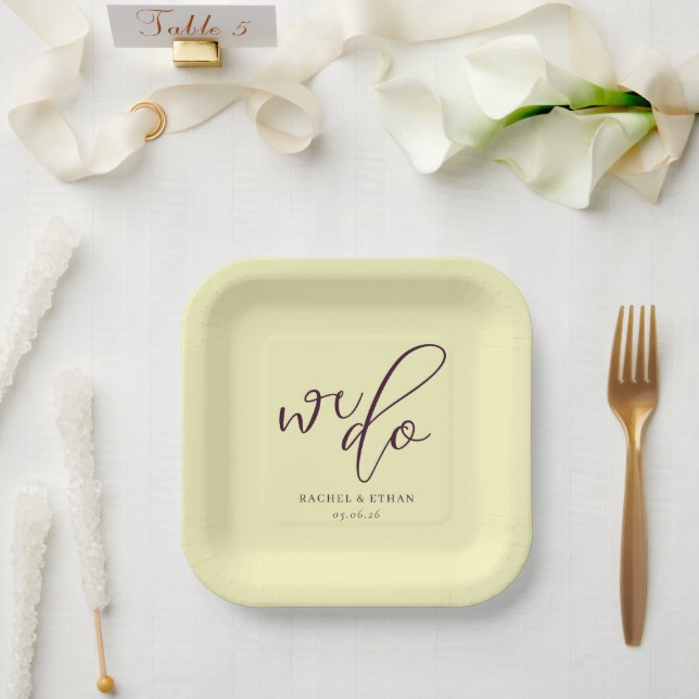 Elegant Pale Yellow Calligraphy Paper Plate (Wedding)