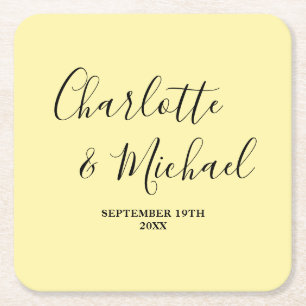 Elegant Pale Yellow Script Minimalist Wedding Square Paper Coaster