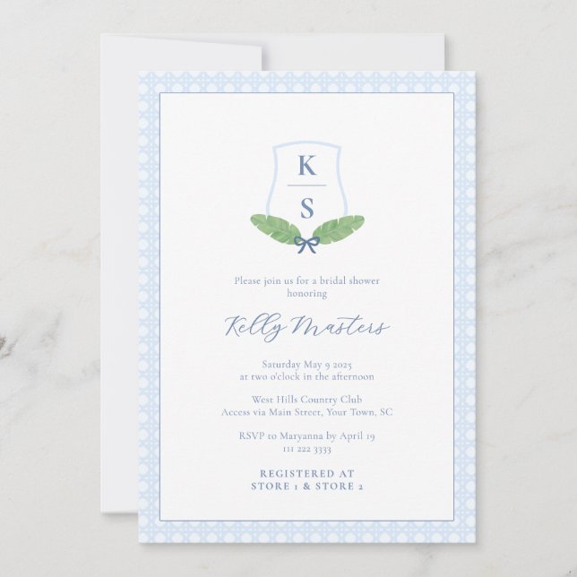 Elegant Palm Leaf Monogram Southern Bridal Shower Invitation (Front)