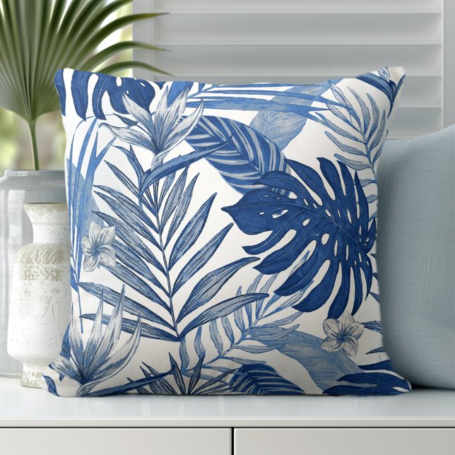 Elegant Palm Leaves Blue White Throw Pillow (Elevate Your Décor: Discover our Elegant Coastal Throw Pillows in Blue & White)