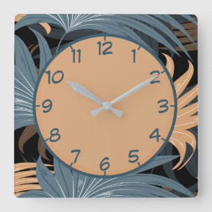 Elegant Palm Leaves Foliage Grey Beige Pattern Square Wall Clock