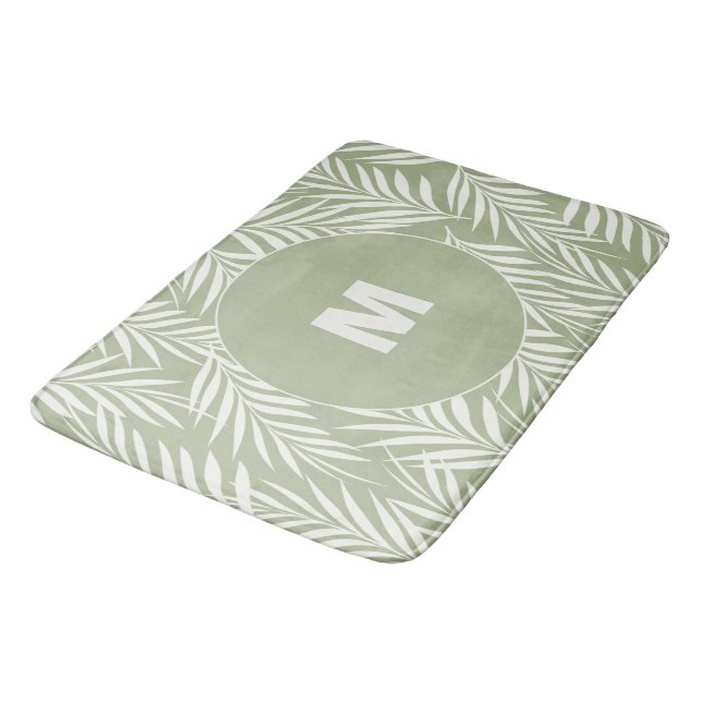 Elegant Palm Leaves Milk Olive Green Personalized Bath Mat (Angled)