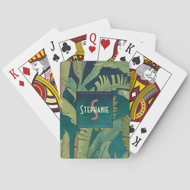 Elegant Palm Leaves on Teal Watercolor Monogram Playing Cards (Back)