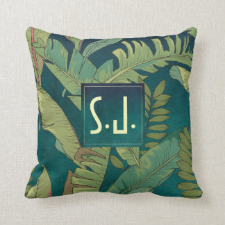 Elegant Palm Leaves on Teal Watercolor Monogram Throw Pillow