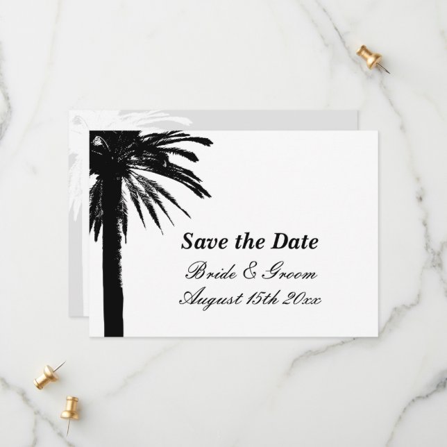 Elegant palm tree beach wedding save the date card (Front/Back In Situ)