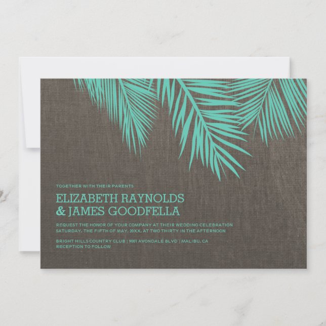 Elegant Palm Tree Burlap Wedding Invitations (Front)