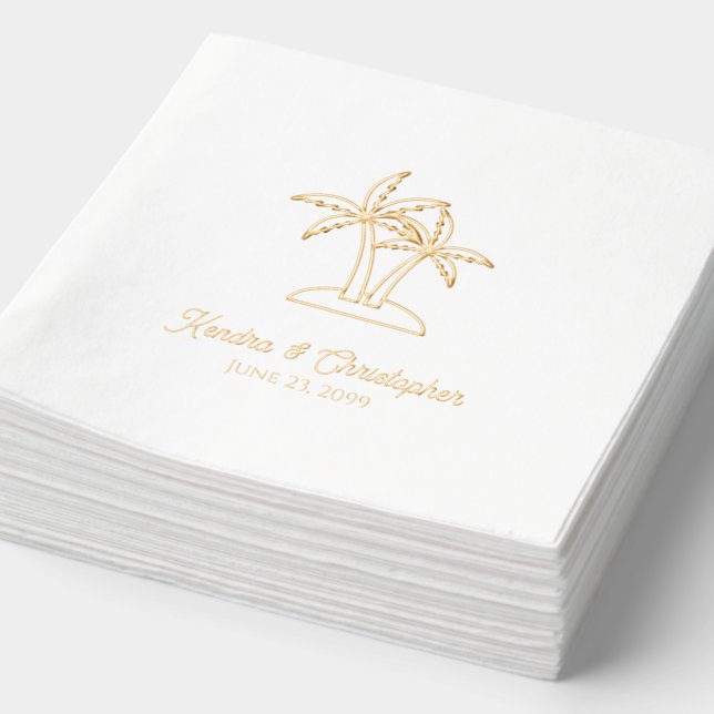 Elegant Palm Tree Custom Gold Foil Wedding Napkins (Detail)
