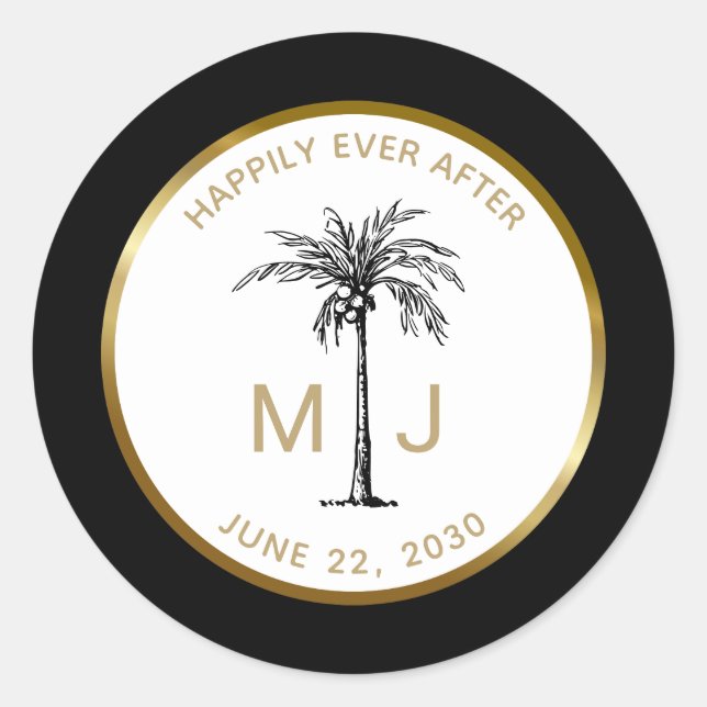 Elegant Palm Tree Gold Monogram Tropical Wedding Classic Round Sticker (Front)