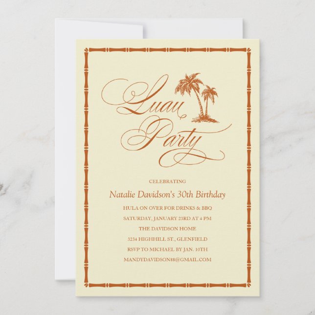 Elegant Palm Tree Hawaiian Luau Party Invitations (Front)