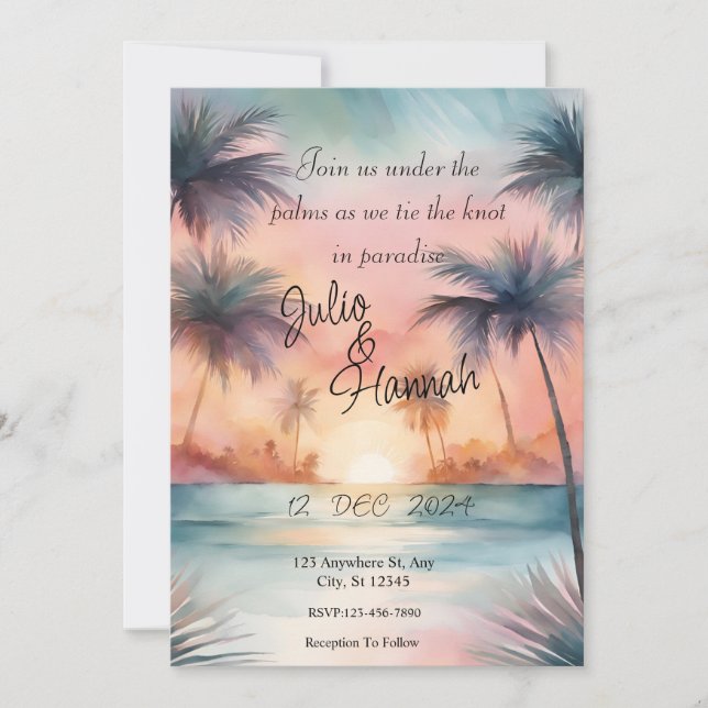  Elegant Palm Tree Sunset Wedding Invitation (Front)