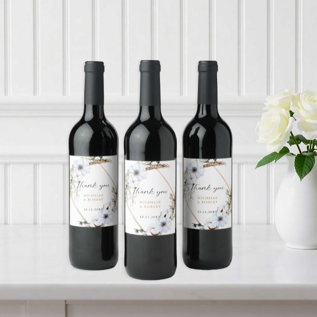 Elegant Pampas Grass and White Anemone Wedding  Wine Label (Creator Uploaded)