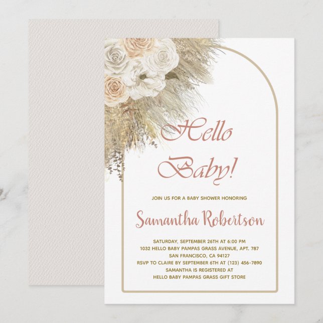 Elegant Pampas Grass Boho Floral Rose Baby Shower Invitation (Front/Back)
