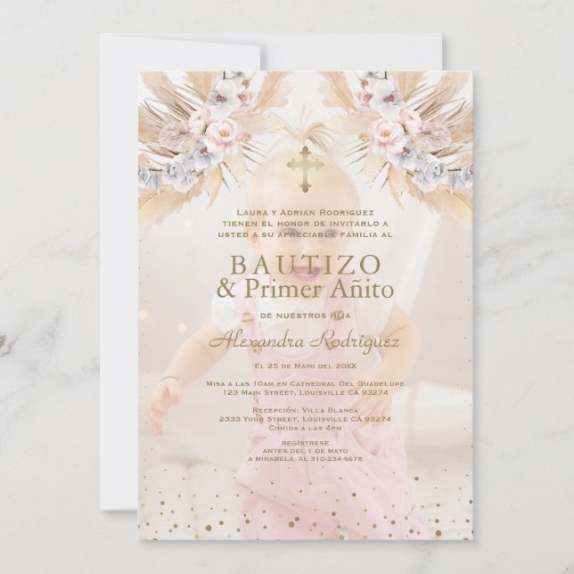 Elegant Pampas Grass Floral Primer Añito Bautizo  Invitation (Front)