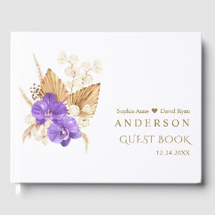 Elegant Pampas Grass Purple Orchid Roses Wedding Guest Book