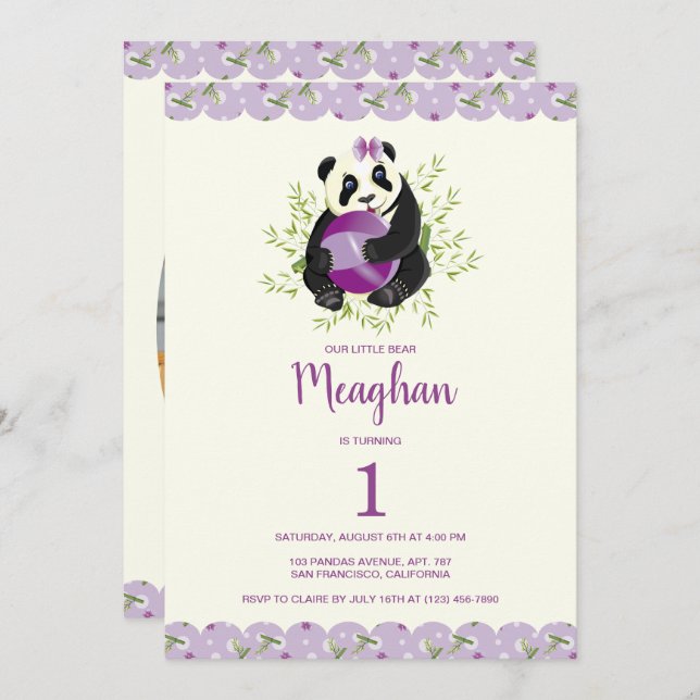 Elegant Panda Girly 1st Birthday Pale Lilac Ivory Invitation (Front/Back)