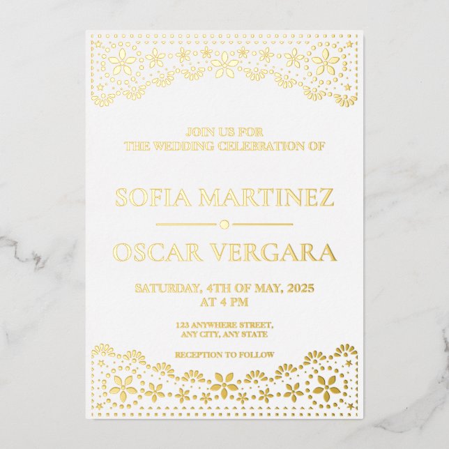 Elegant Papel Picado White and Gold Wedding (Front)