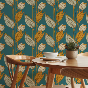 Elégant papier peint floral rétro en Turquoise et 