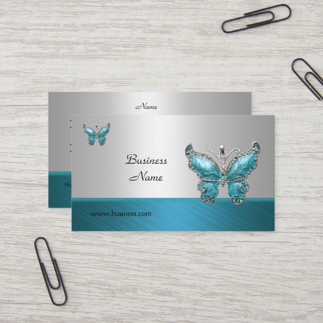 Élégant papillon Carte de visite Turquoise bleu 2 (Devant/Arrière en situation)