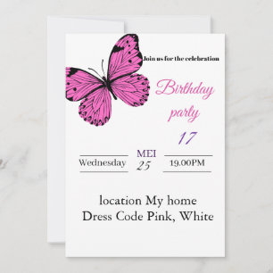 Elégant Papillon rose Invitation Anniversaire - Fi