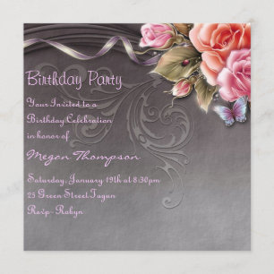 Elégant Papillon & Rose Invitation d'anniversaire