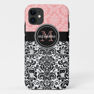 Elegant Paris Baby Pink Black Damask Personalized iPhone 11 Case