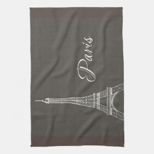 Elegant Paris Eiffel Tower Dark Grey Burlap Look Kitchen Towel