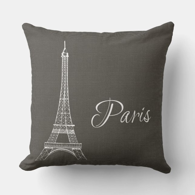 Elegant Paris Eiffel Tower Dark Grey Burlap Look Throw Pillow (Front)