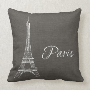 Elegant Paris Eiffel Tower Dark Grey Burlap Look Throw Pillow