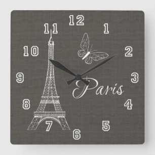 Elegant Paris Eiffel Tower Dark Grey Butterfly Square Wall Clock