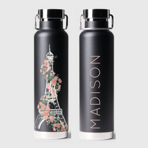 Elegant Paris Eiffel Tower Floral Black Water Bottle
