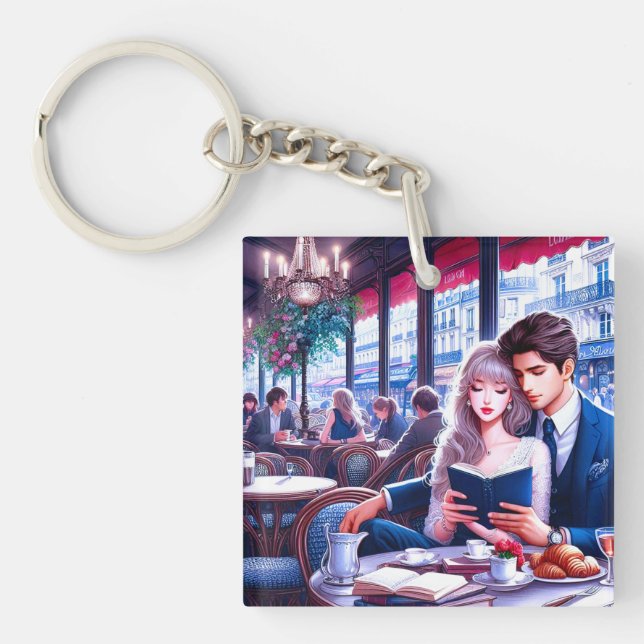 Elegant Parisian Cafe Date: A Romantic Escape Keychain (Front)