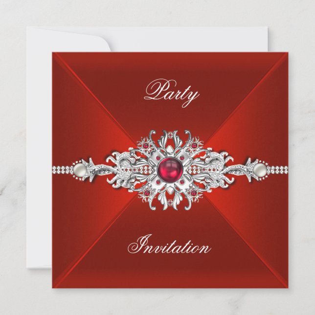 Elegant Party All Occasions Red  Silver Jewel Invitation (Front)