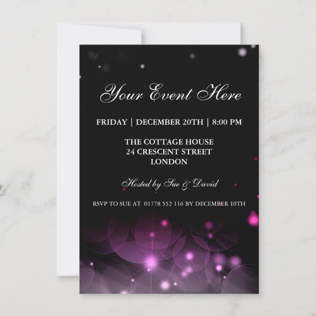Elegant Party Invitation Sparkles Pink Black (Front)