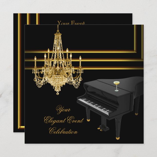 Elegant Party Piano Chandelier Gold Champagne Invitation (Front/Back)