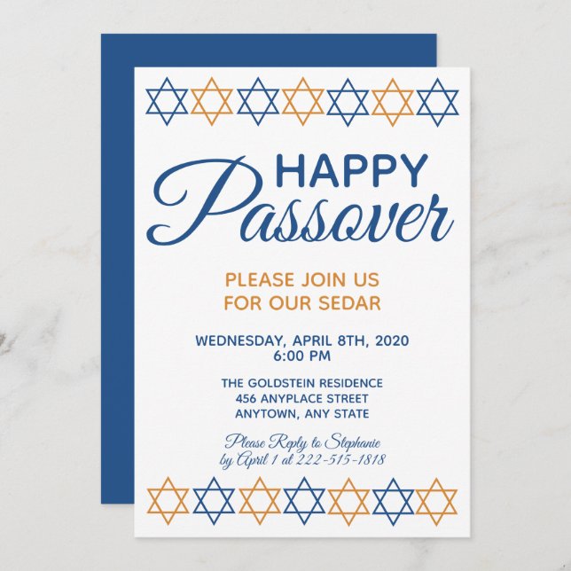 Elegant Passover Sedar Blue and Gold Star of David Invitation (Front/Back)