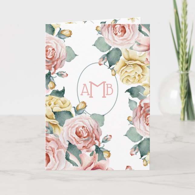 Elégant Pastel Aquarelle Roses & Monogramme (Devant)