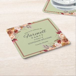 Elegant Pastel Autumn Flower Retirement Party Square Paper Coaster