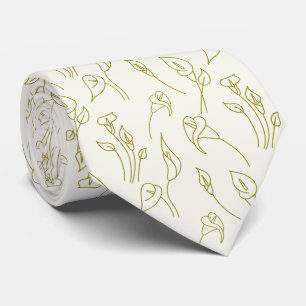 Elegant Pastel Beige Golden Calla Lily Line Art Tie