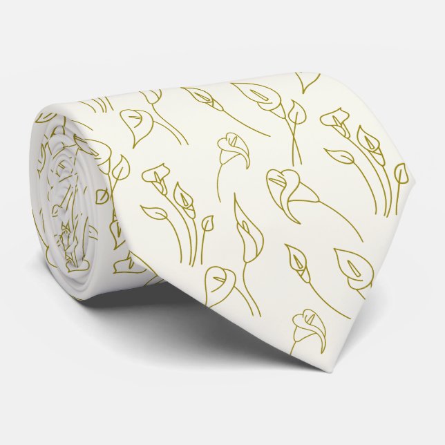 Elegant Pastel Beige Golden Calla Lily Line Art  Tie (Rolled)