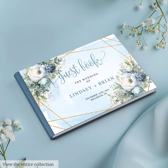 Elégant Pastel Bleu Blanc Or Floral Livre d'hôtes (Elegant Pastel Blue White Gold Floral Guest Book)