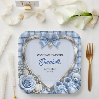 Elegant Pastel Blue Bow Boy Baby Shower Paper Plate