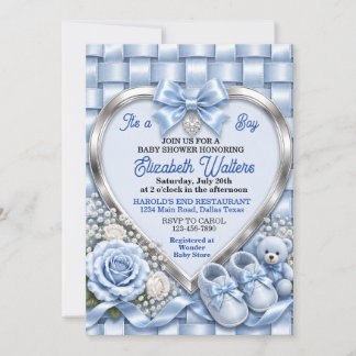 Elegant Pastel Blue Bow Girl Baby Shower Invitation